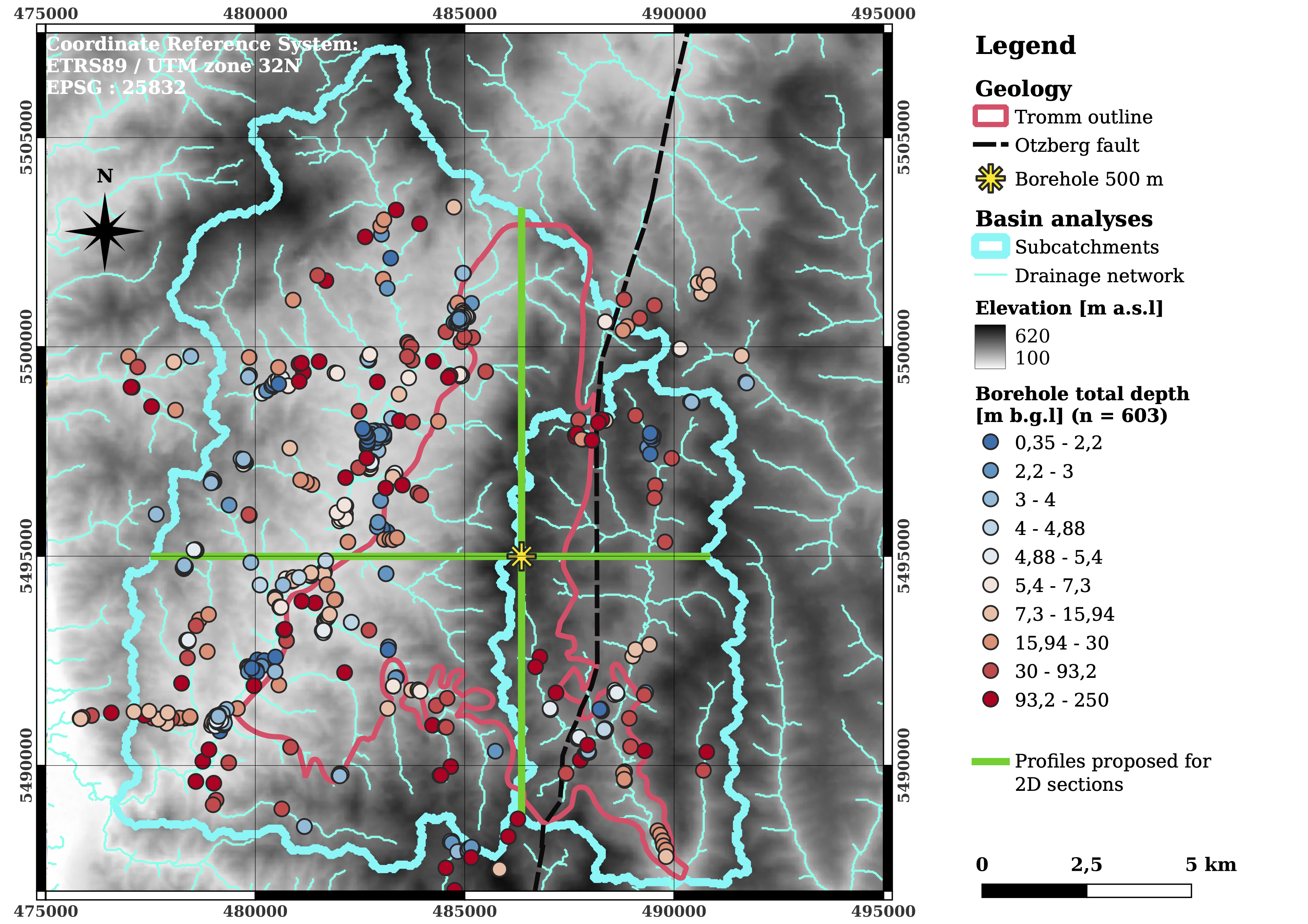 Boreholes with available logs in the subcatchments domain.