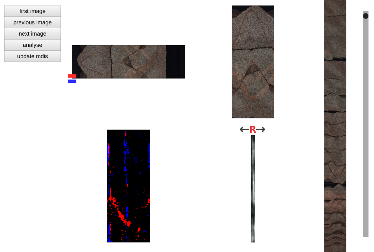 Top left: original image. Top right: transformed image. Bottom left: red and blue filter enhanced by FT based vertical feature analysis. Bottom right: covariance analysis to detect red to blue shift direction.
