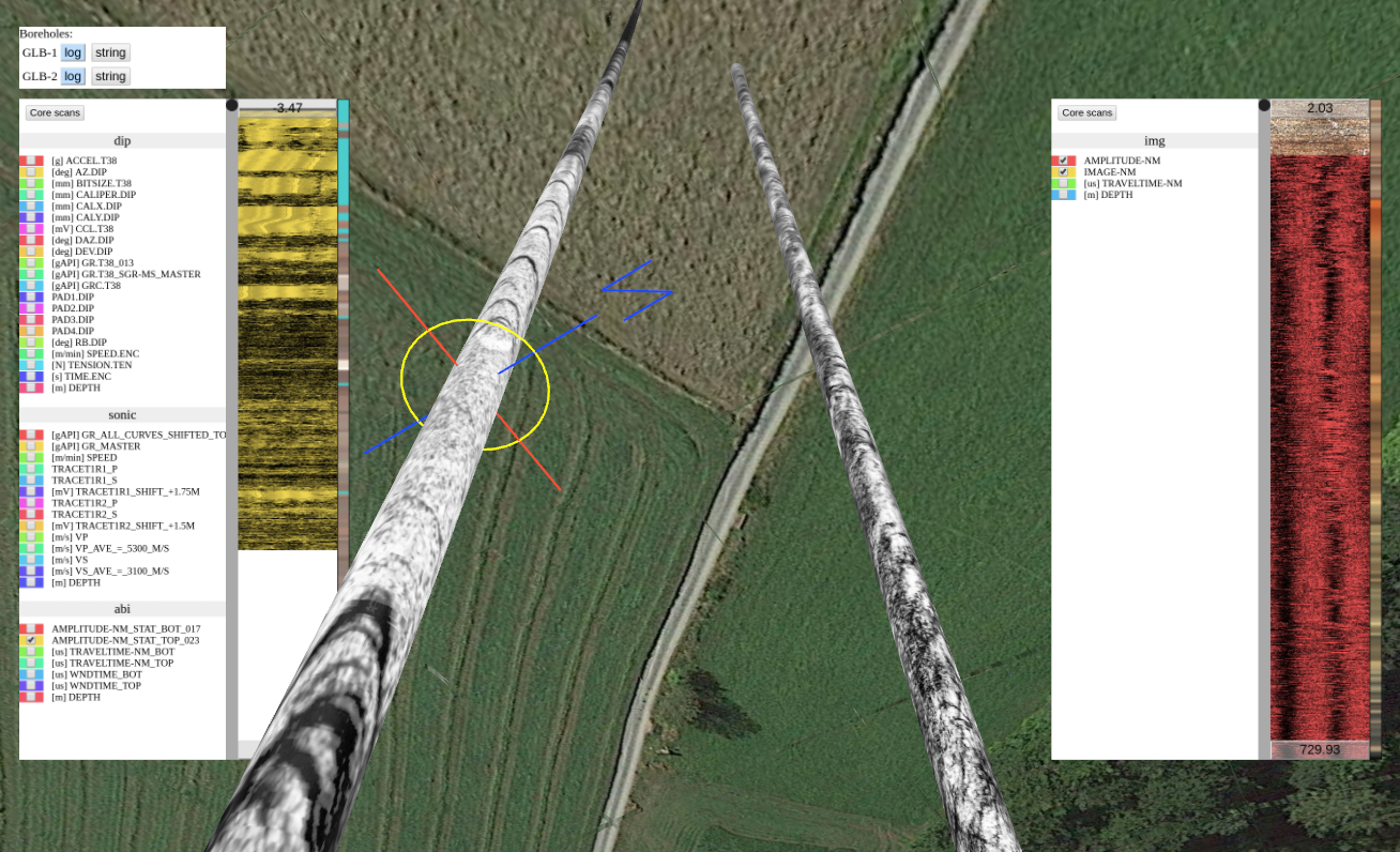 Boreholes, view towards the surface, mapped ABI data.